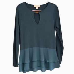 Michael Kors Dark Green Keyhole Long Sleeve Ruffle Peplum Top Medium